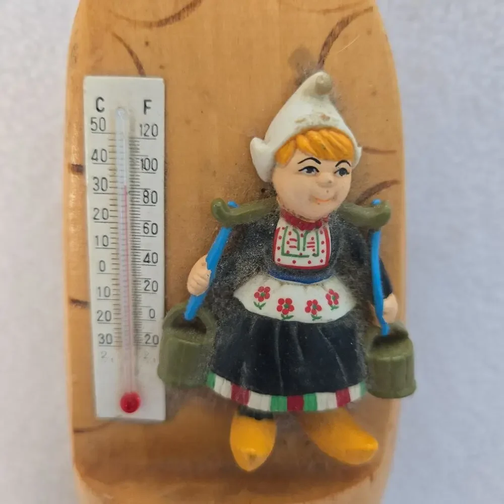 Vintage Wall Wood Thermometer Delft Shoe Figurine Clog Dutch Holland Female